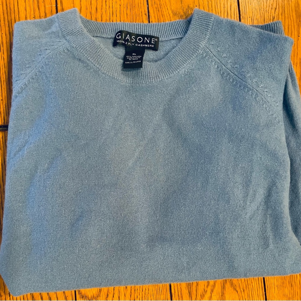 GUC GIASONE Men’s 100% 2 PLY Cashmere round neck sweater,XL, light blue